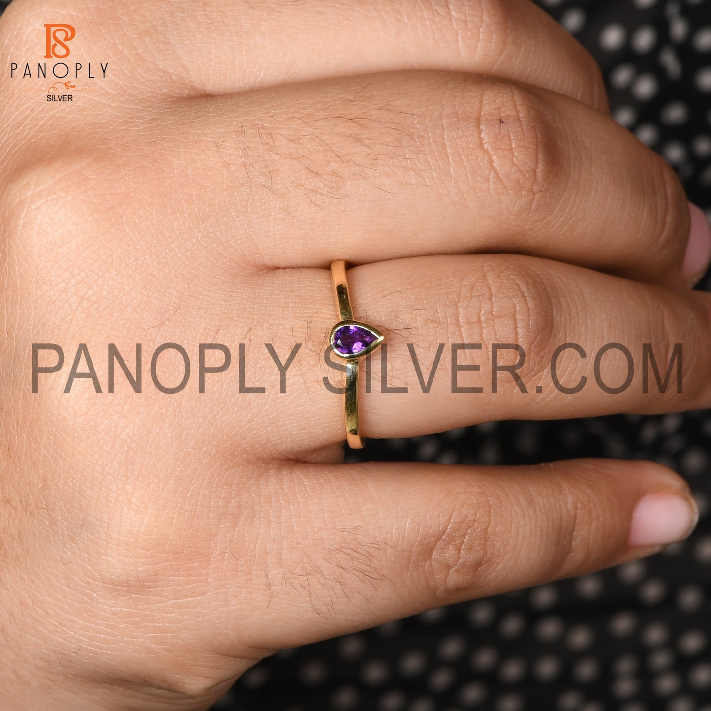 Amethyst pear shaped minimalist 0.5 micron gold plate ring