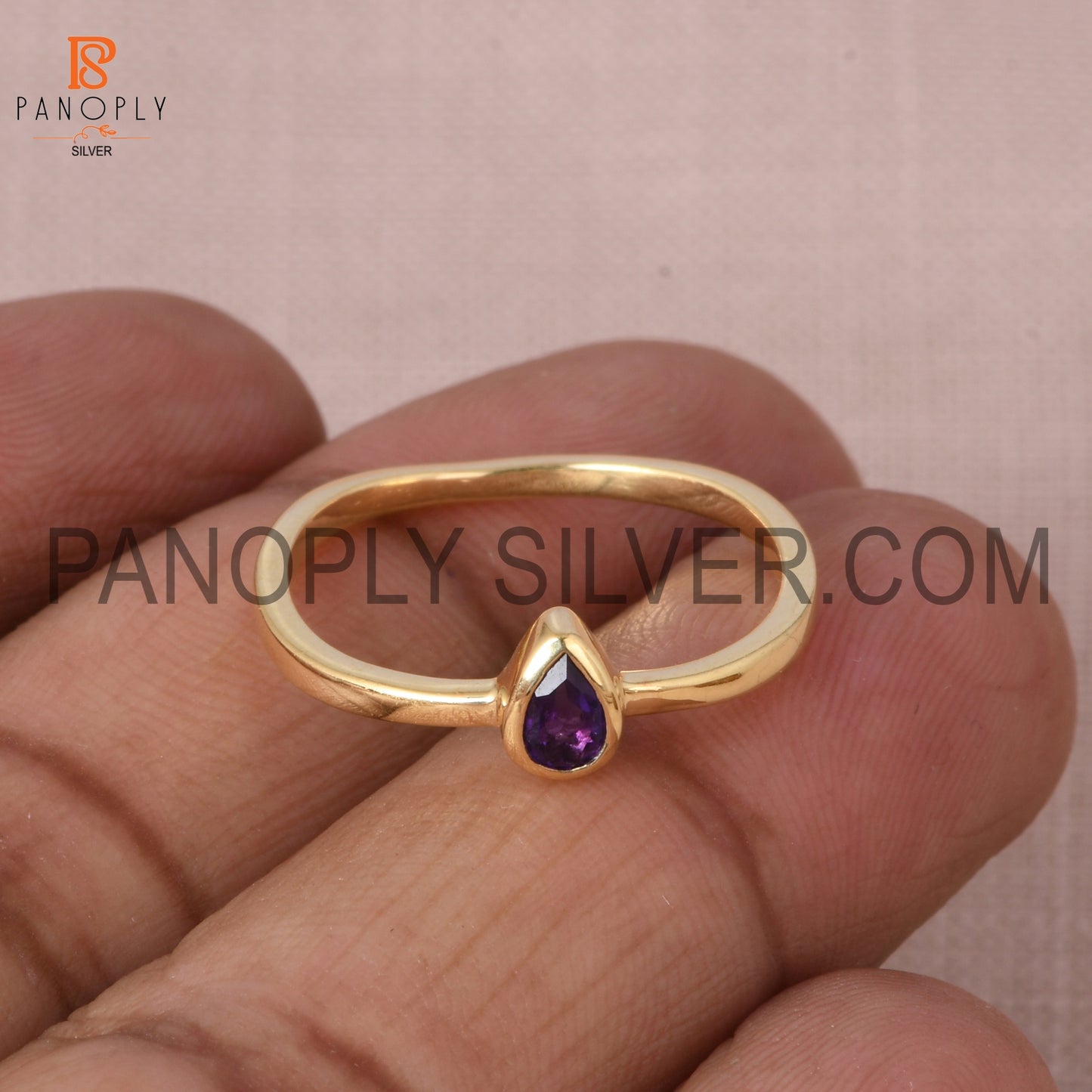 Amethyst pear shaped minimalist 0.5 micron gold plate ring