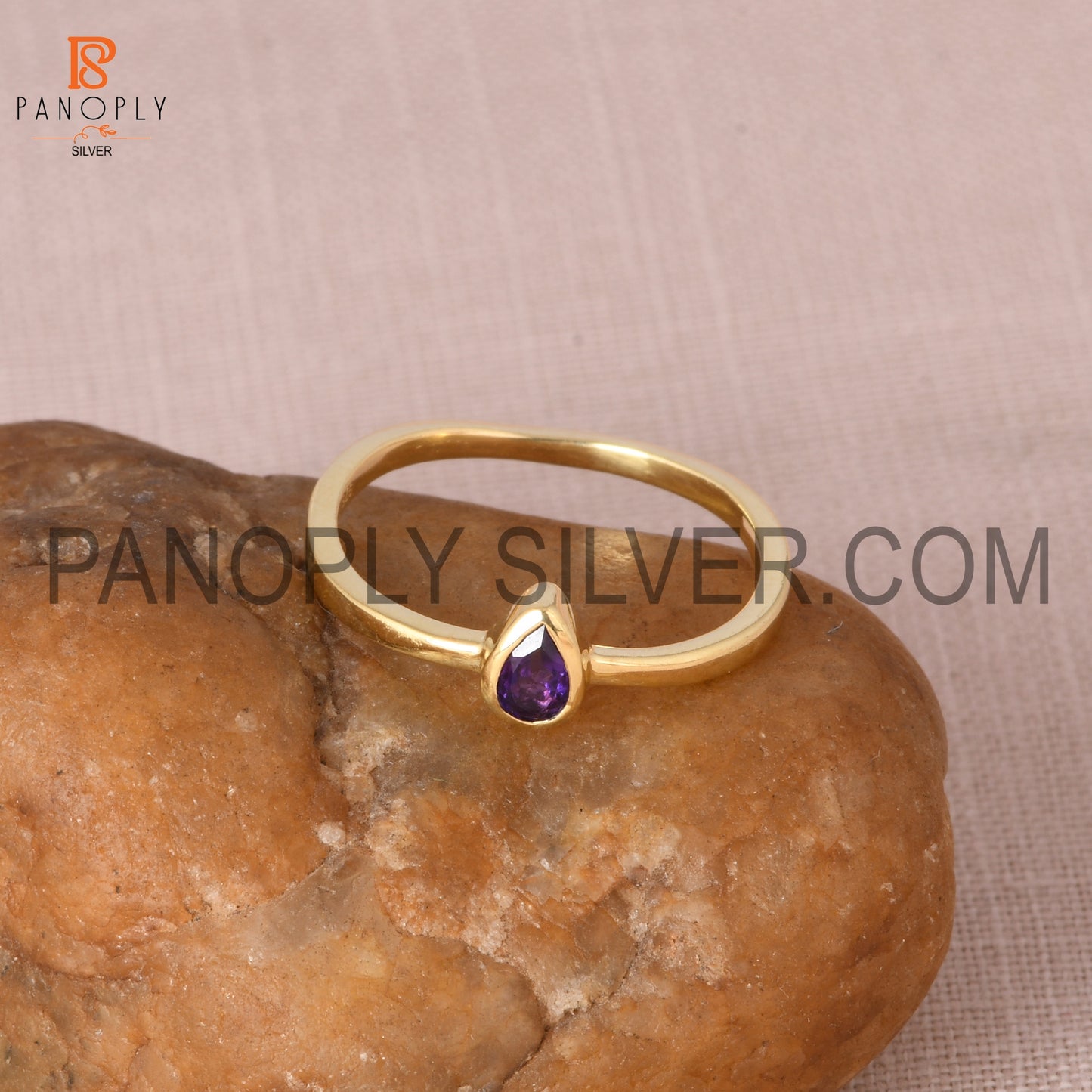 Amethyst pear shaped minimalist 0.5 micron gold plate ring