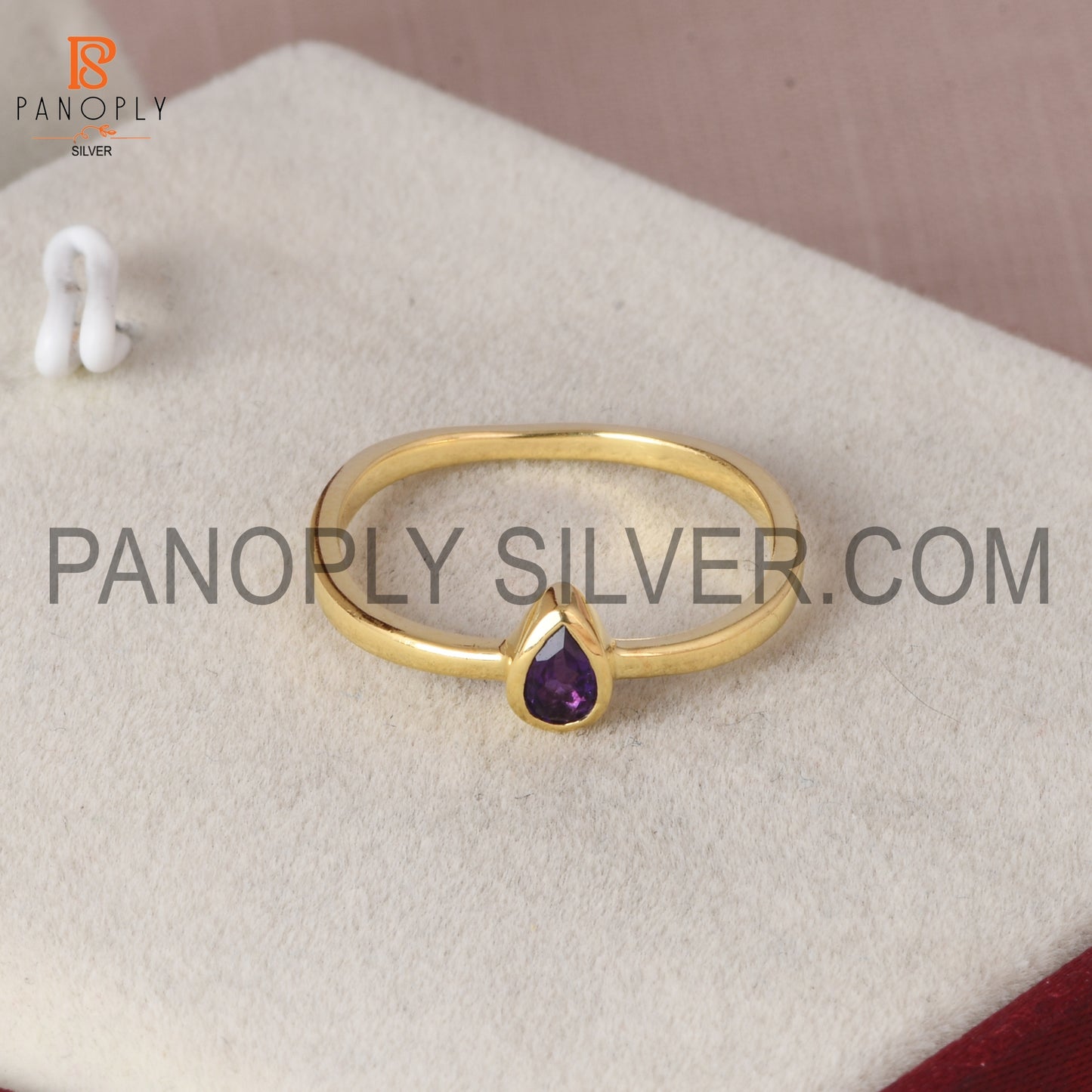 Amethyst pear shaped minimalist 0.5 micron gold plate ring