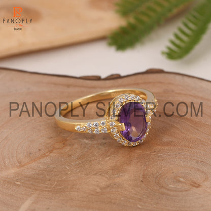 Round CZ And Oval Amethyst Engagement Ring