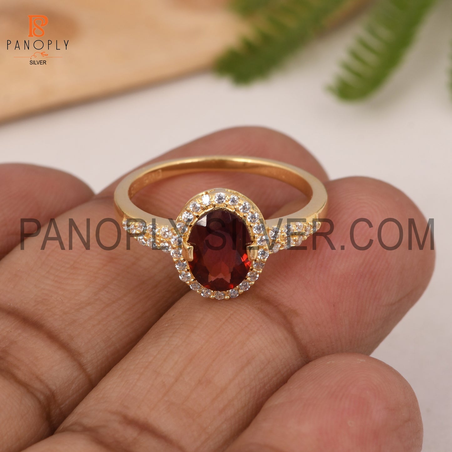 CZ Studded Garnet Gem 18k Gold Plated Wedding Band Ring