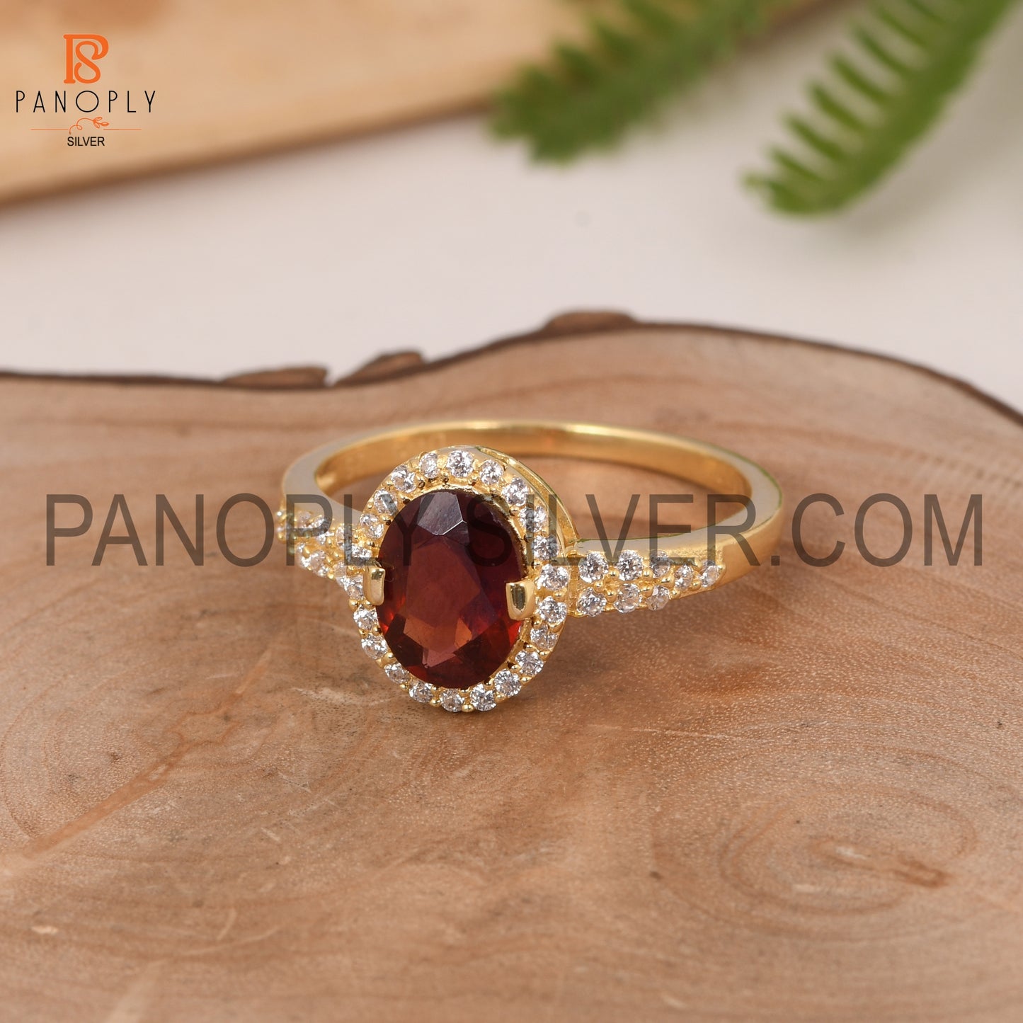 CZ Studded Garnet Gem 18k Gold Plated Wedding Band Ring