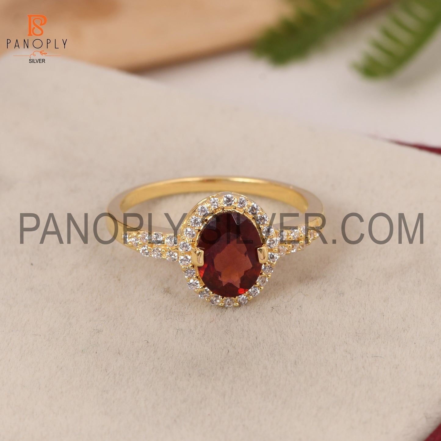 CZ Studded Garnet Gem 18k Gold Plated Wedding Band Ring