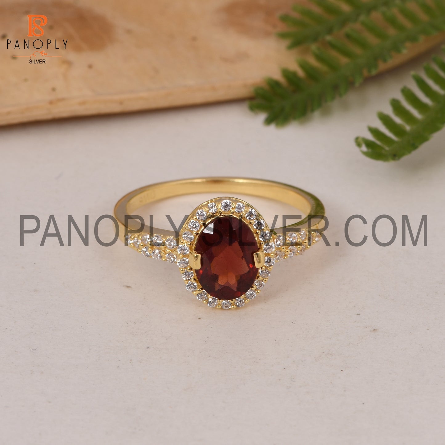 CZ Studded Garnet Gem 18k Gold Plated Wedding Band Ring