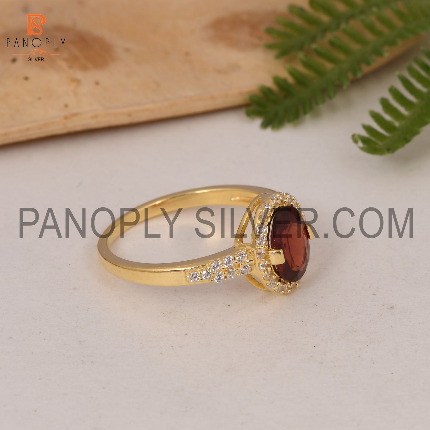 CZ Studded Garnet Gem 18k Gold Plated Wedding Band Ring