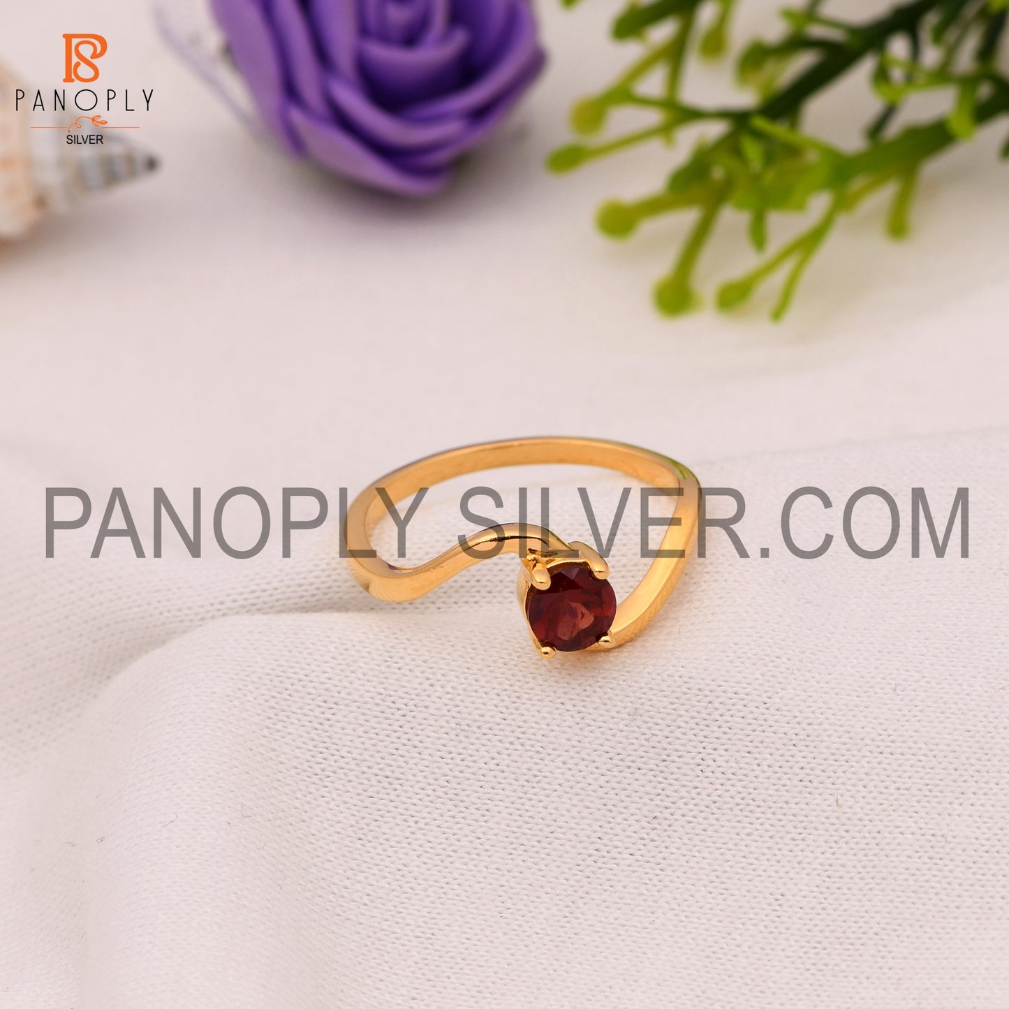 Wave Band Garnet 925 Sterling Silver 0.5 Micron Gold Plated Rings