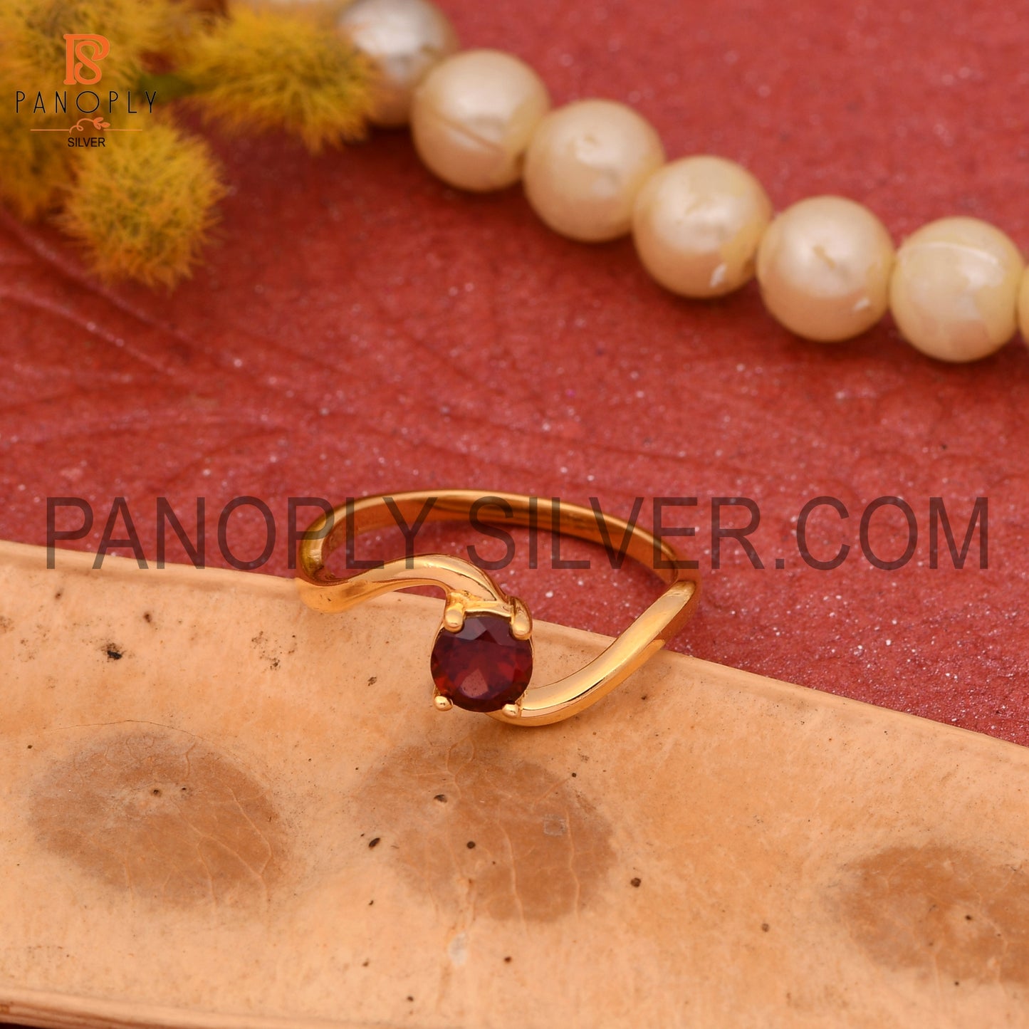 Wave Band Garnet 925 Sterling Silver 0.5 Micron Gold Plated Rings
