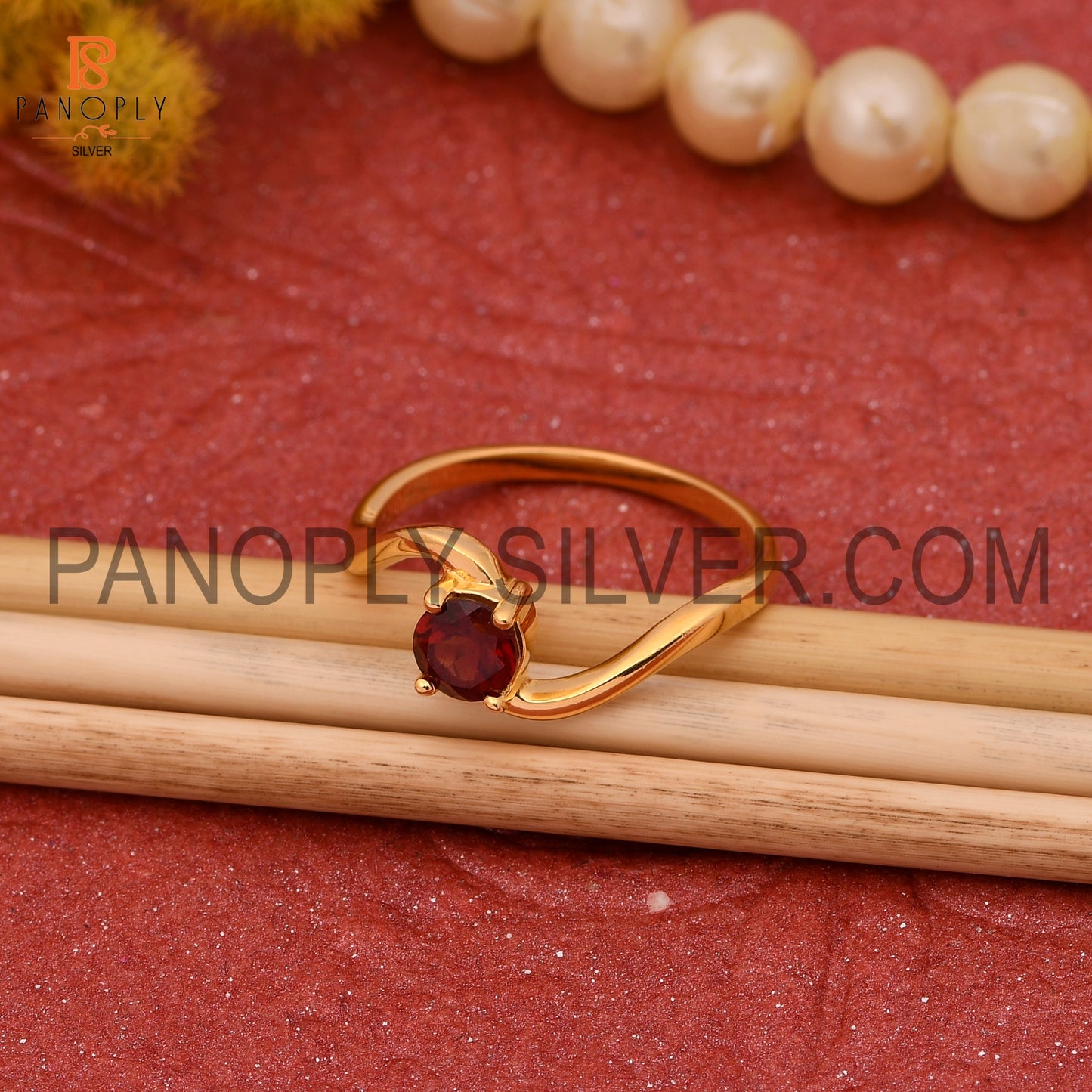 Wave Band Garnet 925 Sterling Silver 0.5 Micron Gold Plated Rings