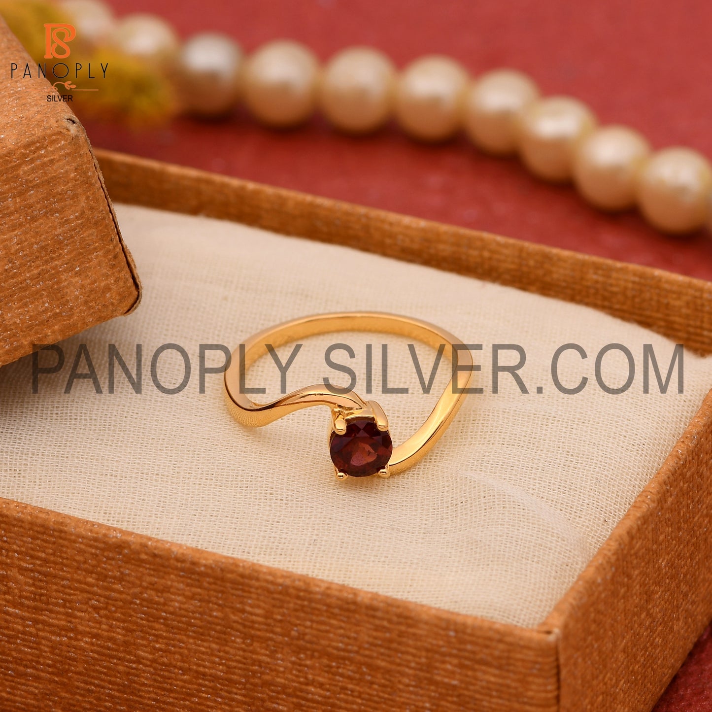 Wave Band Garnet 925 Sterling Silver 0.5 Micron Gold Plated Rings