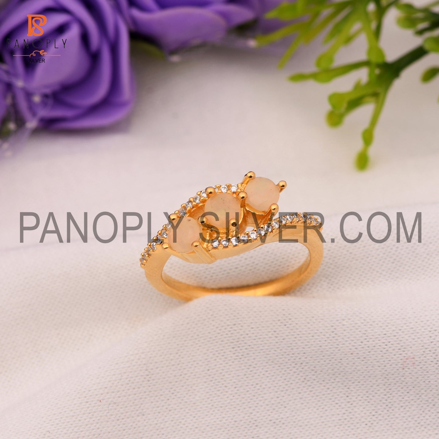 Ethiopian Opal & CZ 0.5 Micron Gold Plated By Pass Engagement Ring