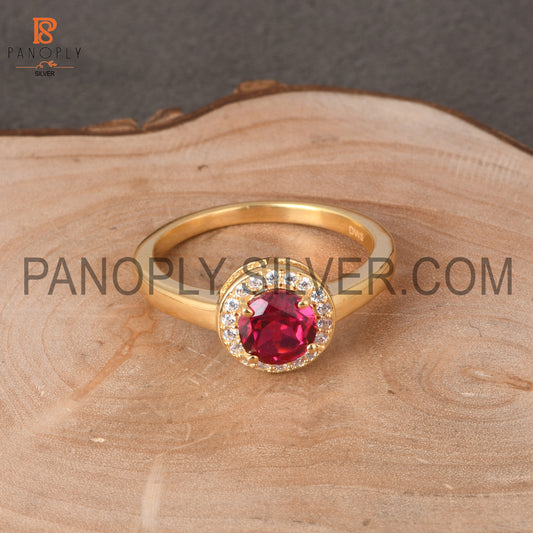 925 Sterling Silver 18K Gold Plated Round Ruby CZ Ring