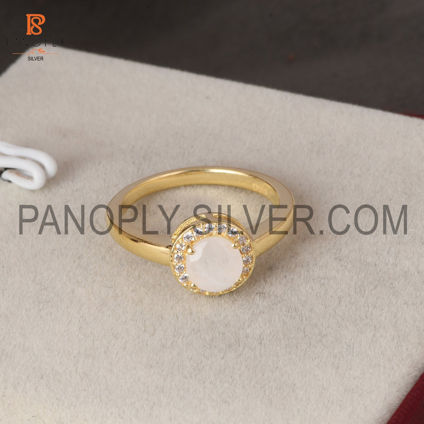 925 Silver 0.5mic Gold Plated Moonstone Cubic Zirconia Ring