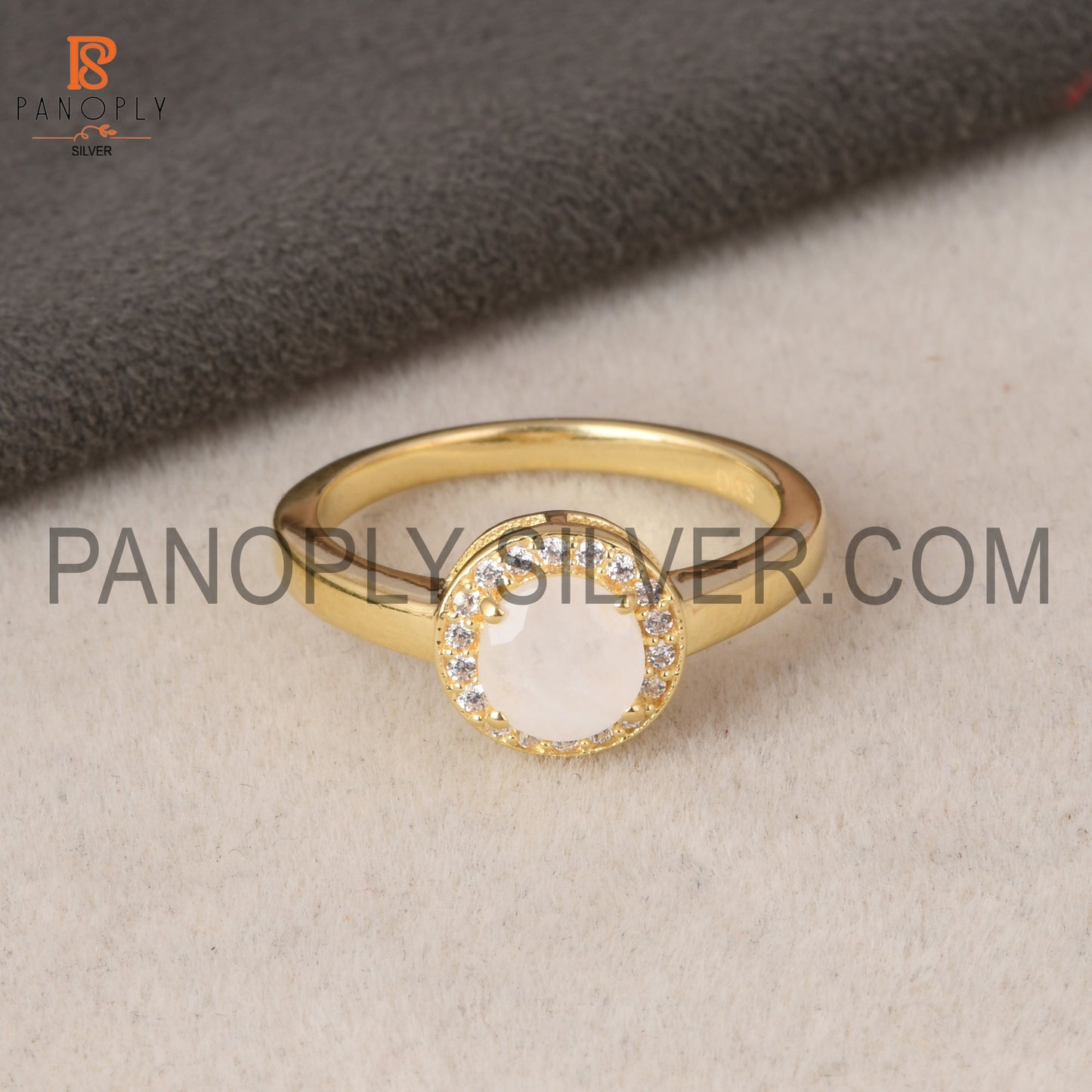 925 Silver 0.5mic Gold Plated Moonstone Cubic Zirconia Ring