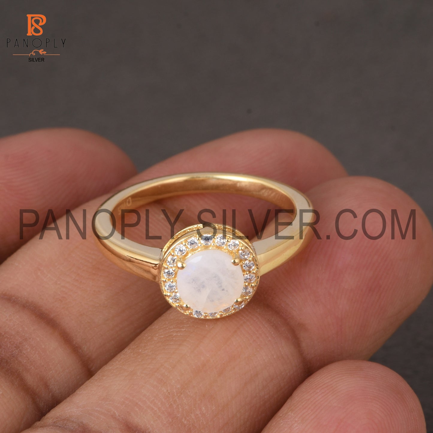 925 Silver 0.5mic Gold Plated Moonstone Cubic Zirconia Ring