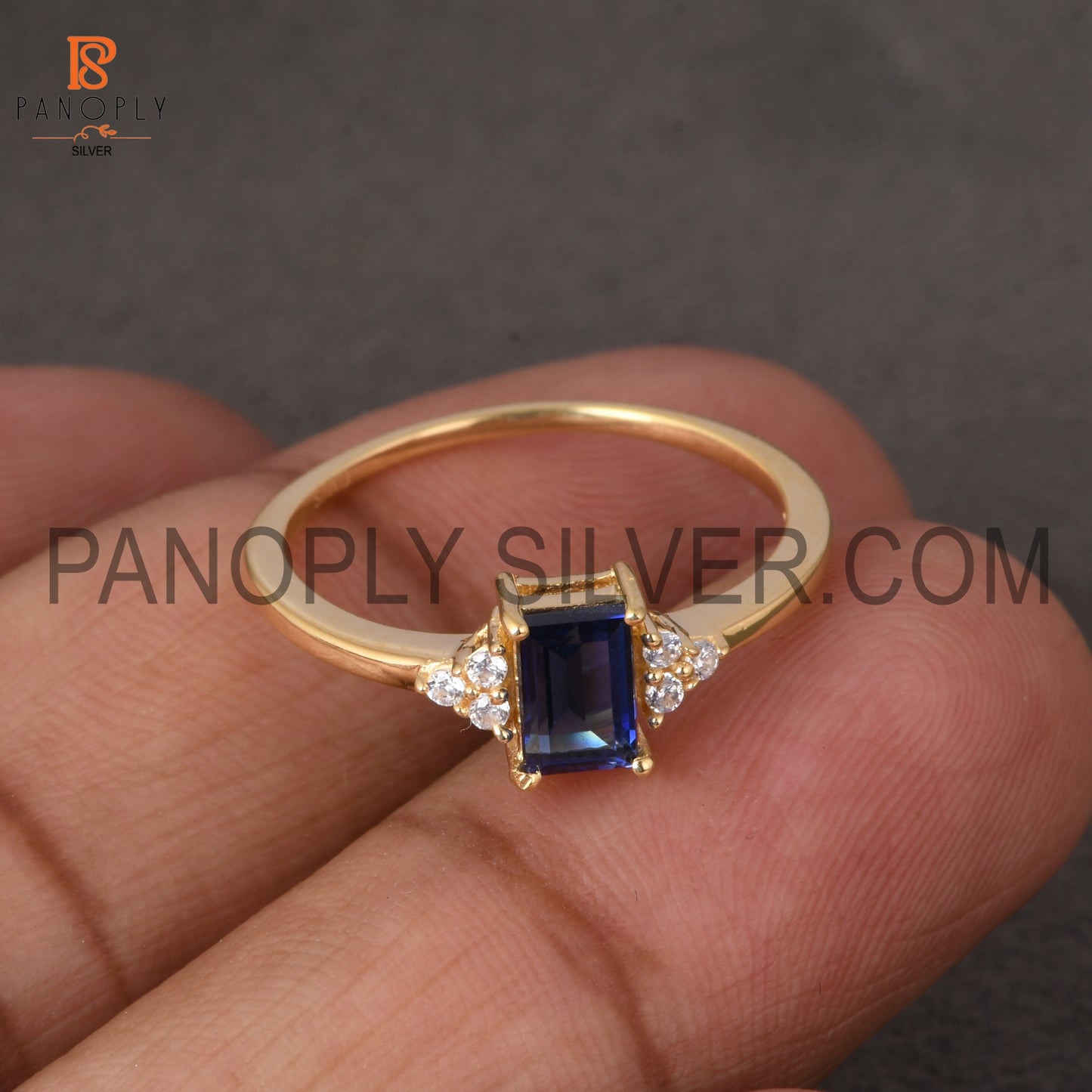 18K Gold Plated 925 Sterling Silver CZ & Sapphire Ring