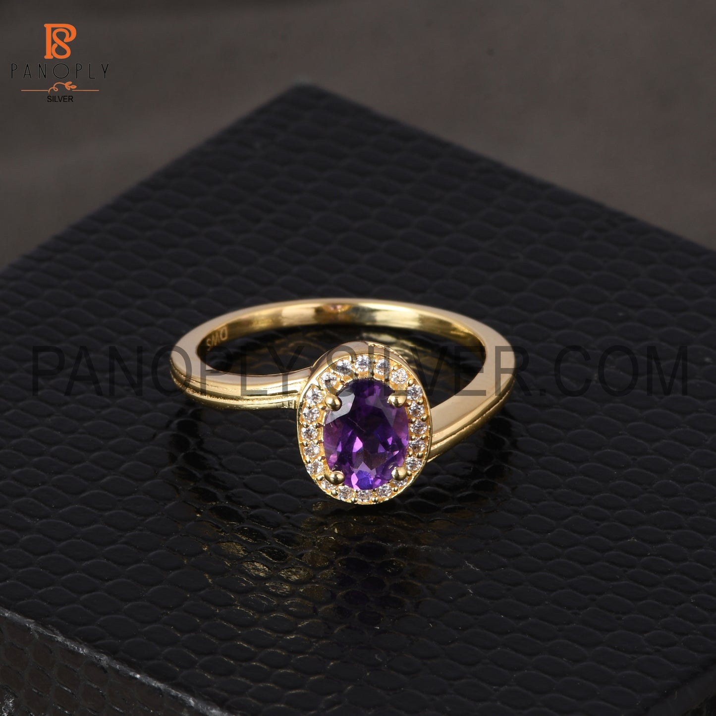 18K Gold Plated 925 Silver Amethyst Oval Cz Round Ring