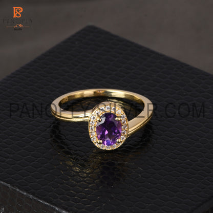 18K Gold Plated 925 Silver Amethyst Oval Cz Round Ring