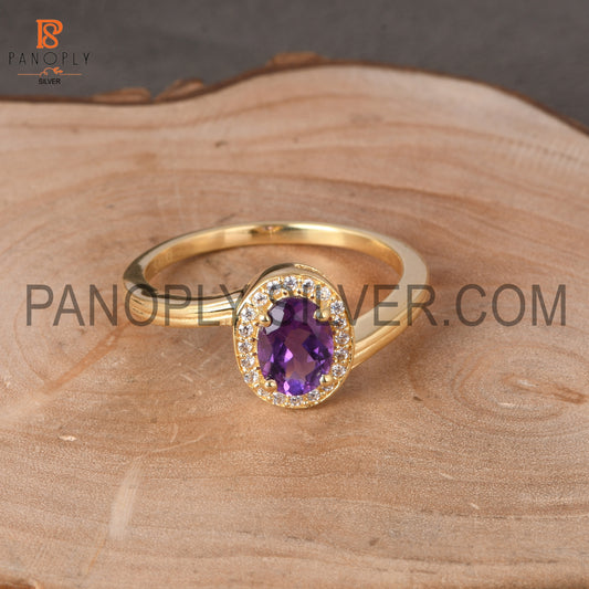 18K Gold Plated 925 Silver Amethyst Oval Cz Round Ring