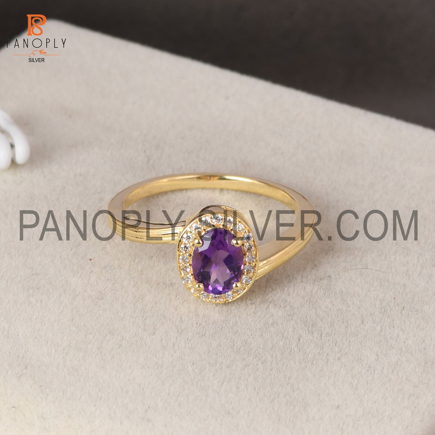 18K Gold Plated 925 Silver Amethyst Oval Cz Round Ring