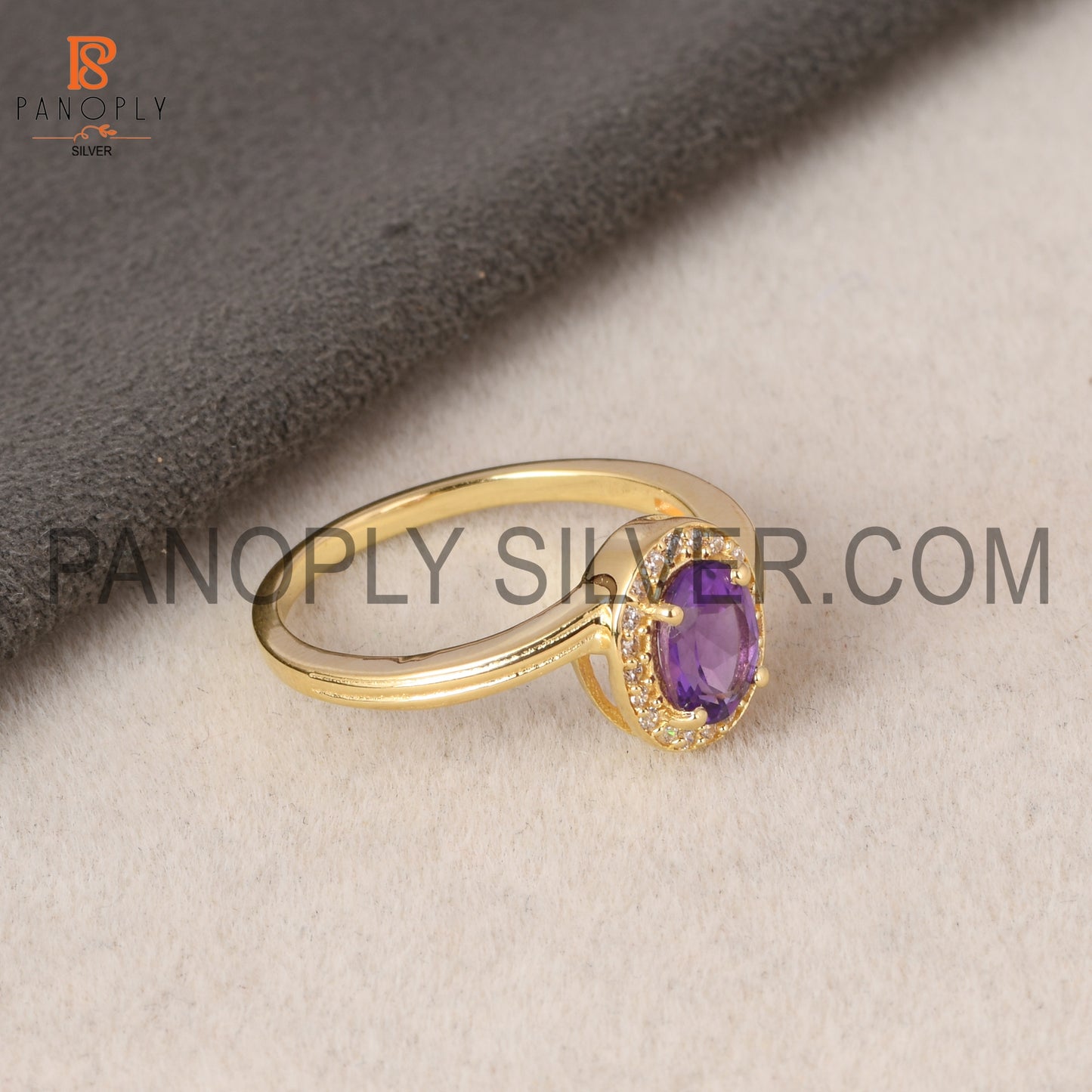 18K Gold Plated 925 Silver Amethyst Oval Cz Round Ring