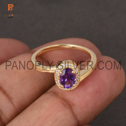 18K Gold Plated 925 Silver Amethyst Oval Cz Round Ring
