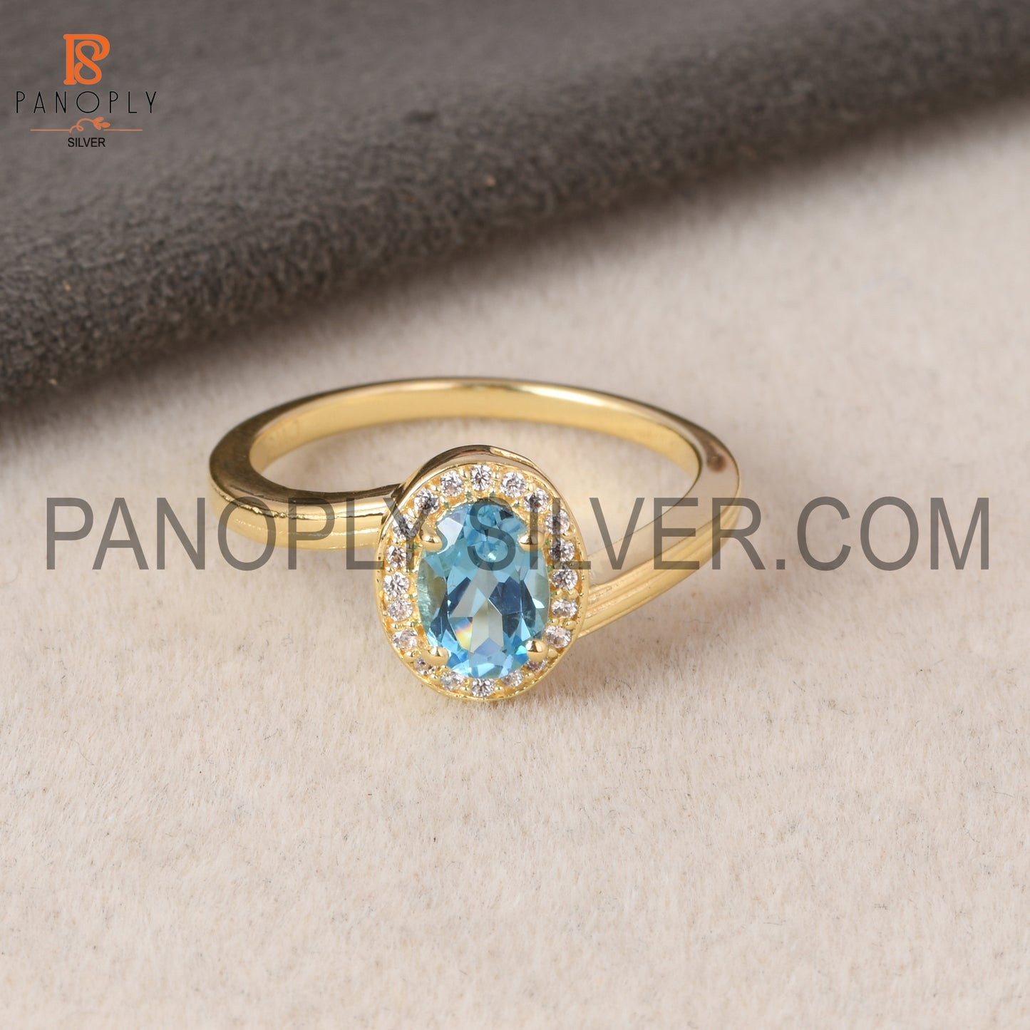 Blue Topaz & Cz Gold Plated 925 Silver Ring For Female