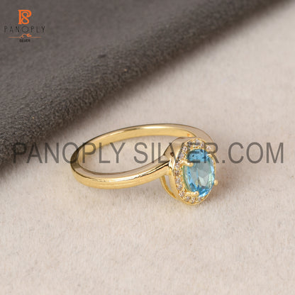 Blue Topaz & Cz Gold Plated 925 Silver Ring For Female
