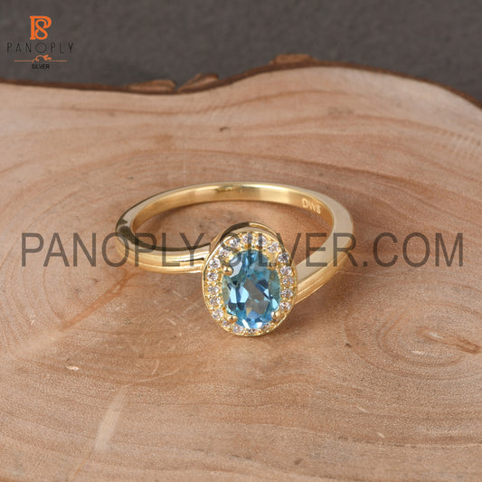 Blue Topaz & Cz Gold Plated 925 Silver Ring For Female