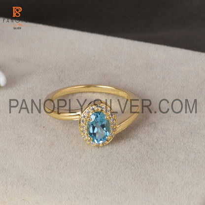 Blue Topaz & Cz Gold Plated 925 Silver Ring For Female