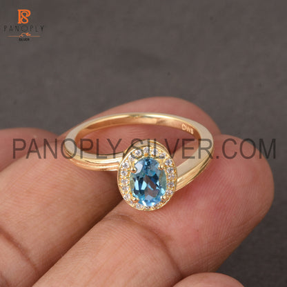 Blue Topaz & Cz Gold Plated 925 Silver Ring For Female