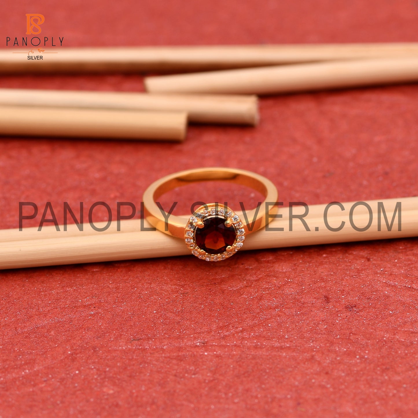 Natural Garnet & CZ 0.5 Micron Gold Plated Halo Rings