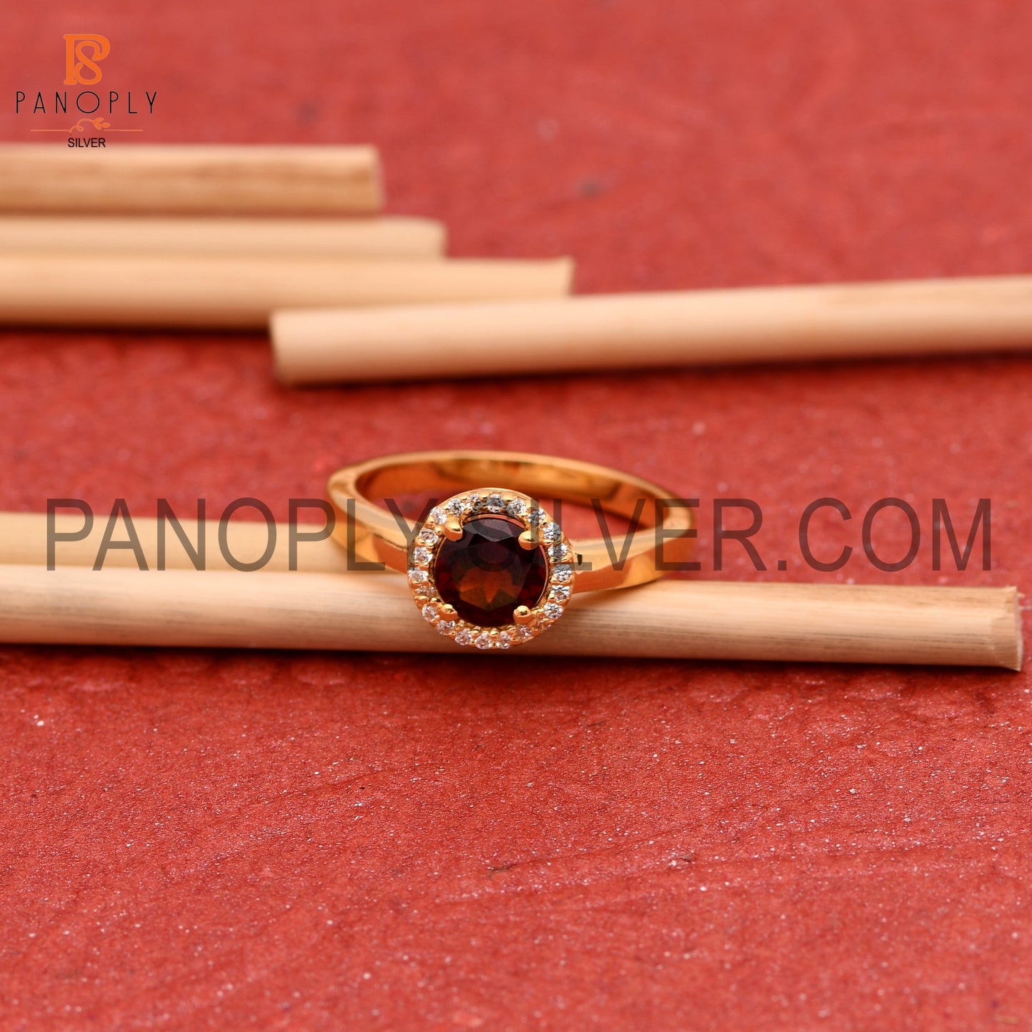 Natural Garnet & CZ 0.5 Micron Gold Plated Halo Rings