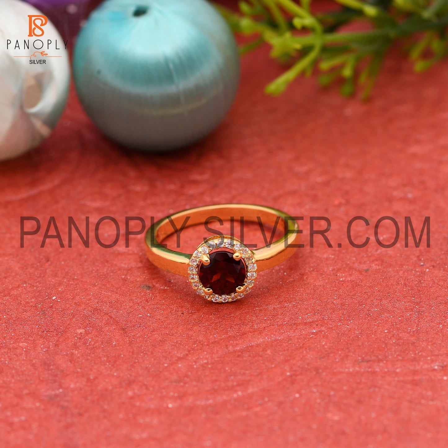 Natural Garnet & CZ 0.5 Micron Gold Plated Halo Rings