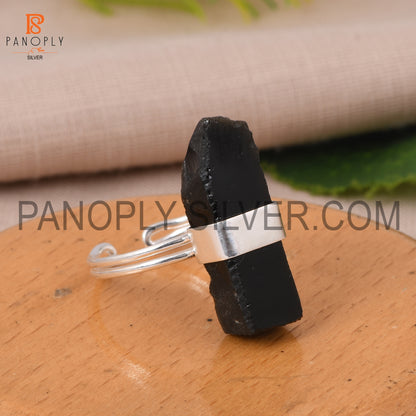 Gem Black Obsidian Double Band Adjustable Rough Silver Rings