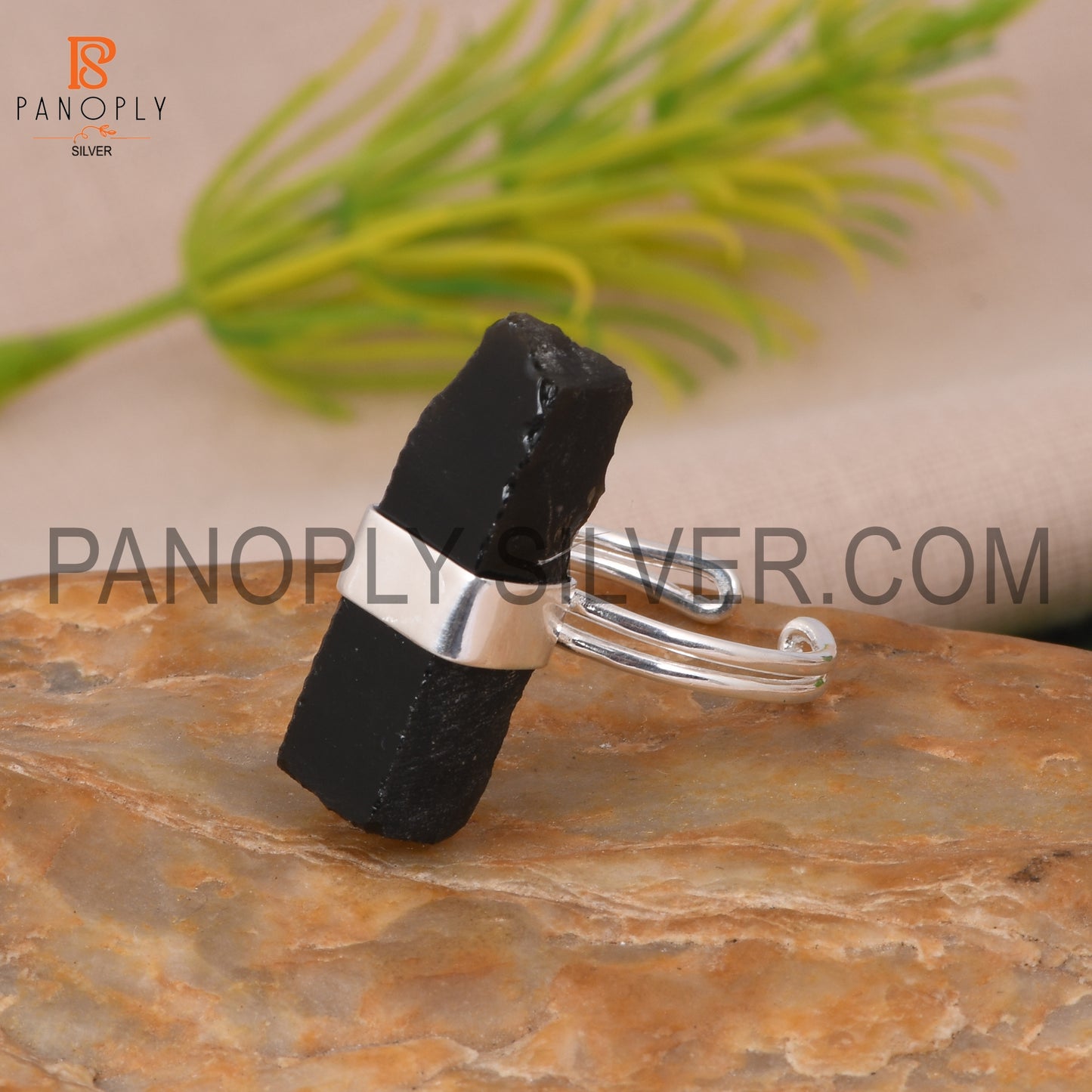 Gem Black Obsidian Double Band Adjustable Rough Silver Rings