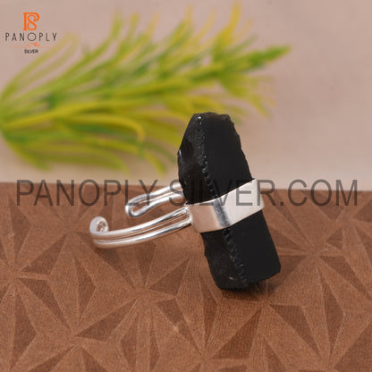 Gem Black Obsidian Double Band Adjustable Rough Silver Rings