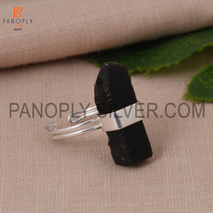 Gem Black Obsidian Double Band Adjustable Rough Silver Rings