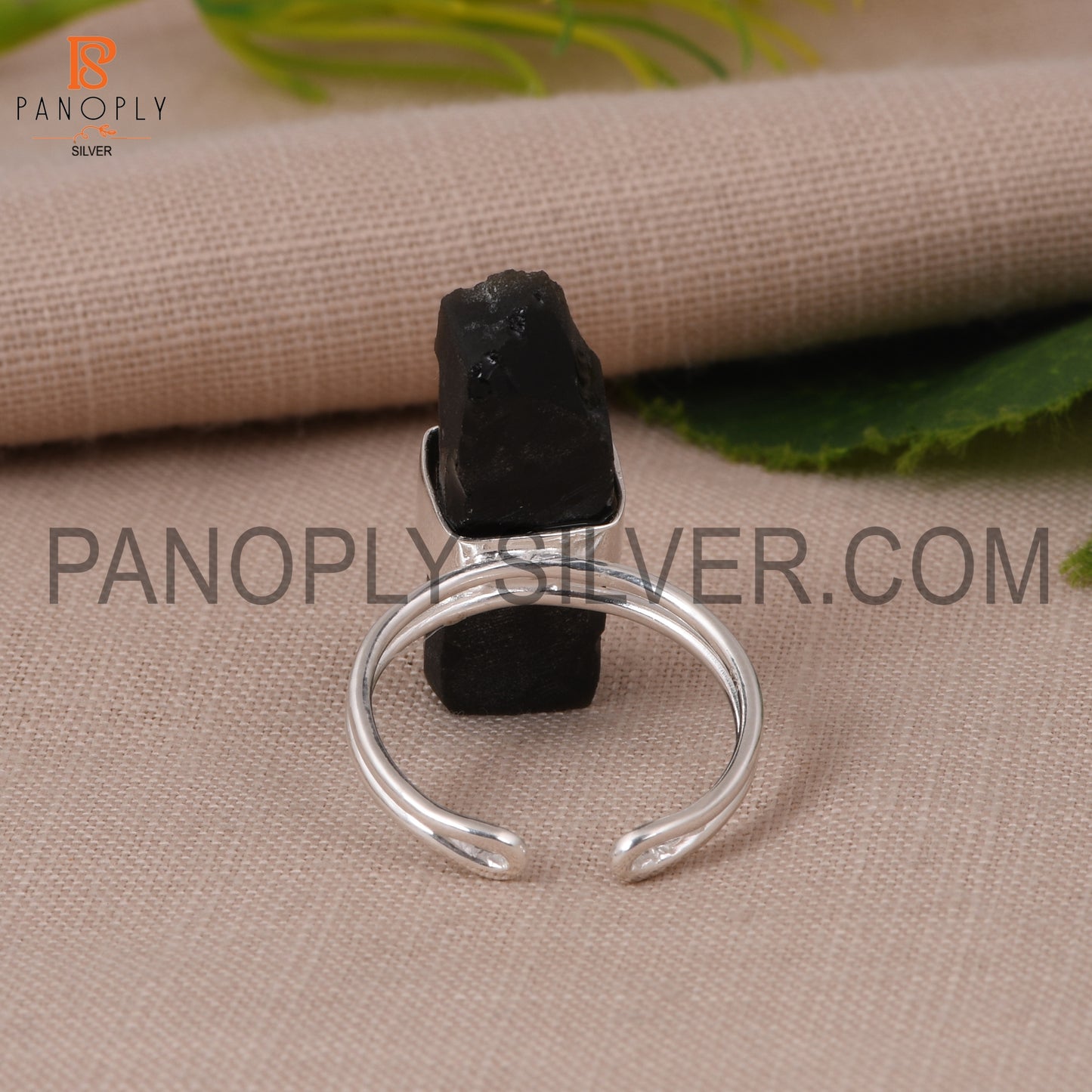 Gem Black Obsidian Double Band Adjustable Rough Silver Rings