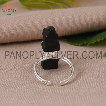 Gem Black Obsidian Double Band Adjustable Rough Silver Rings