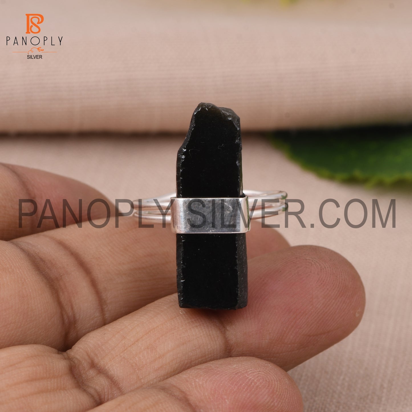 Gem Black Obsidian Double Band Adjustable Rough Silver Rings