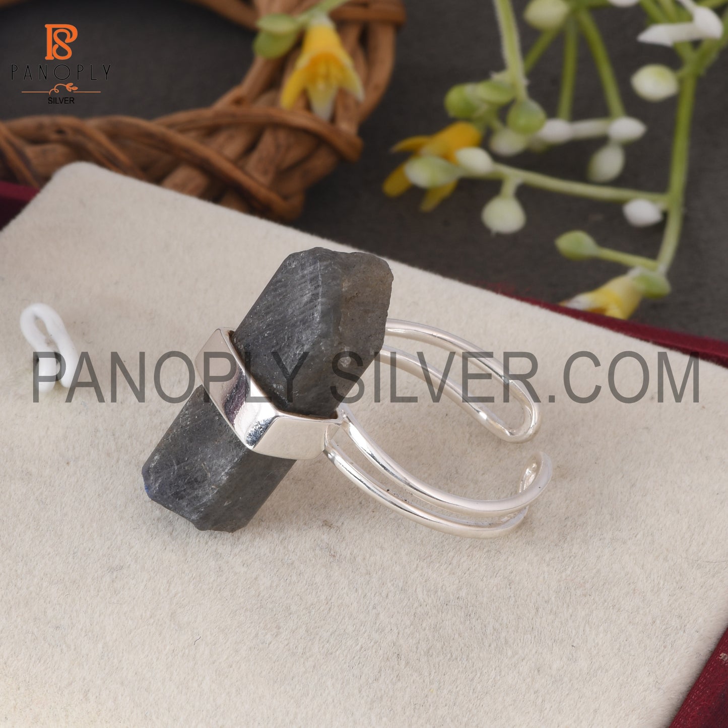 Labradorite Bar Adjustable Rough Silver Rings