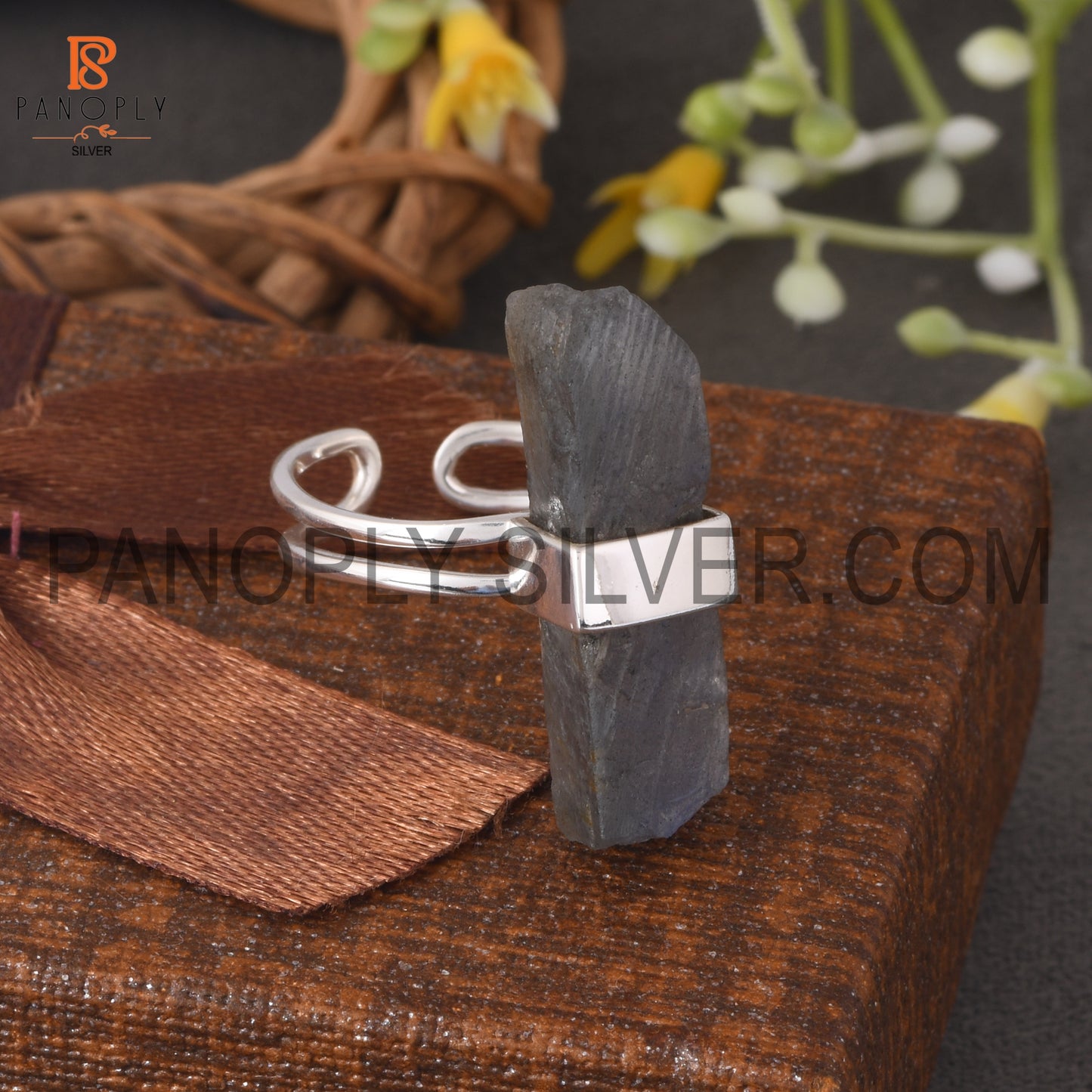 Labradorite Bar Adjustable Rough Silver Rings