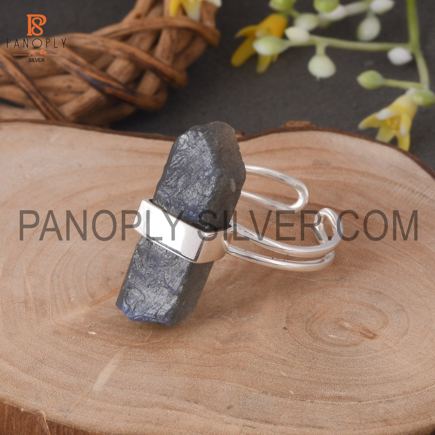 Labradorite Bar Adjustable Rough Silver Rings