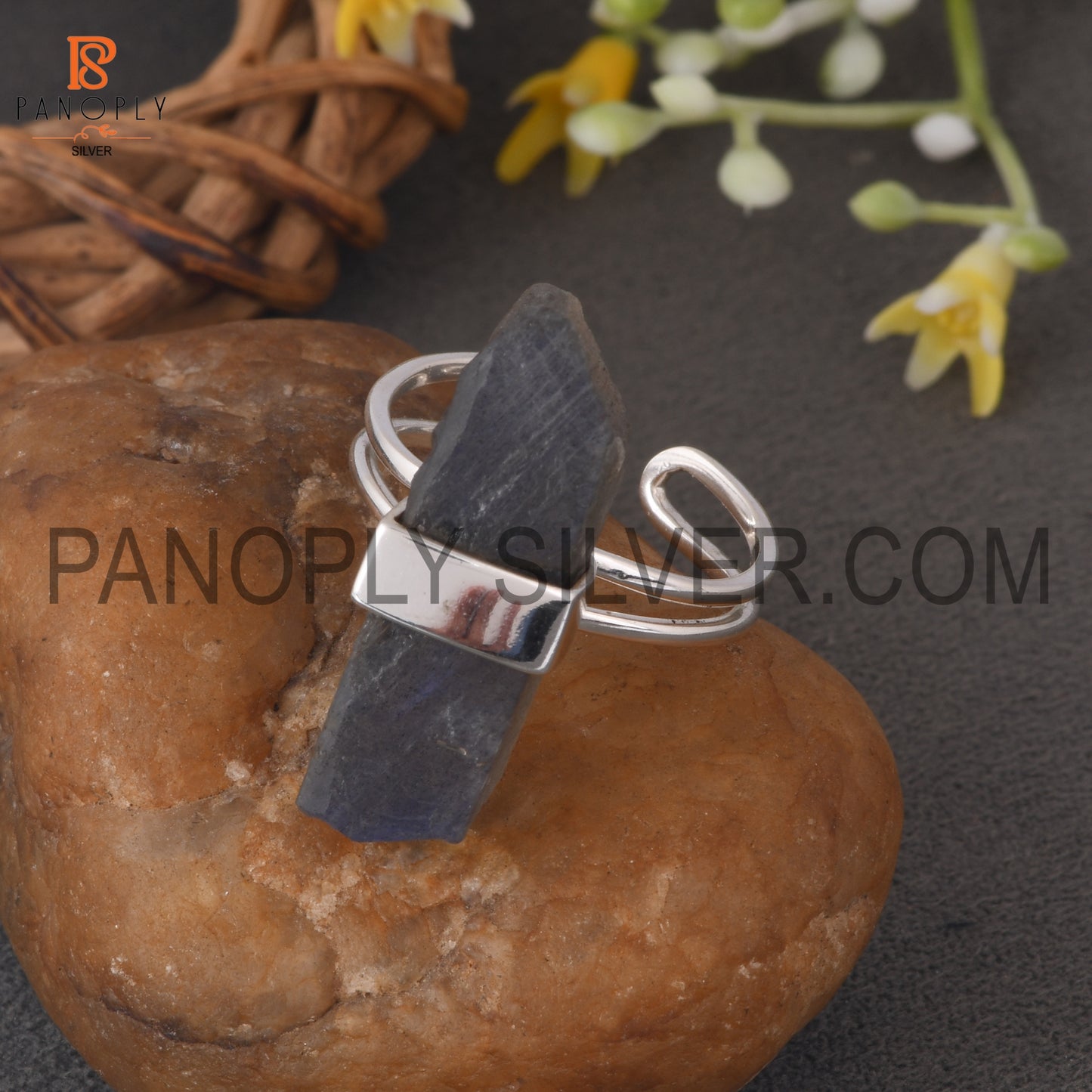 Labradorite Bar Adjustable Rough Silver Rings