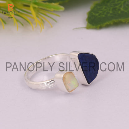 Adjustable Lapis And Ethiopian Opal Gem Silver Ring