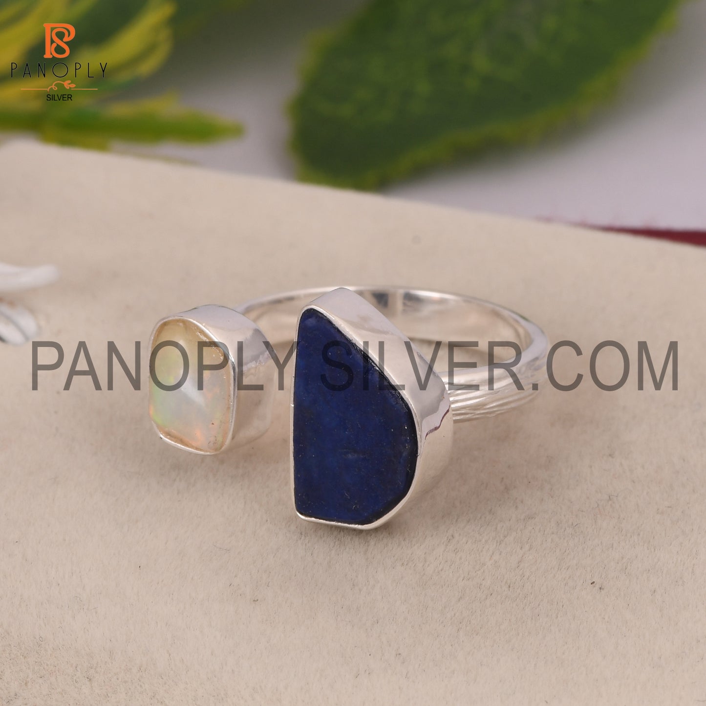 Adjustable Lapis And Ethiopian Opal Gem Silver Ring