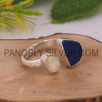 Adjustable Lapis And Ethiopian Opal Gem Silver Ring