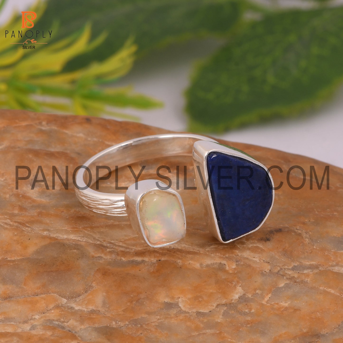 Adjustable Lapis And Ethiopian Opal Gem Silver Ring