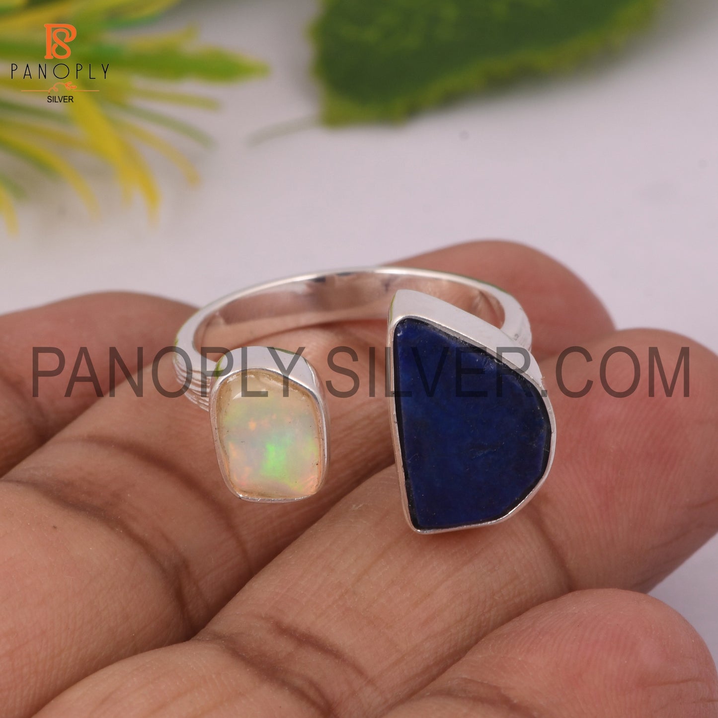 Adjustable Lapis And Ethiopian Opal Gem Silver Ring